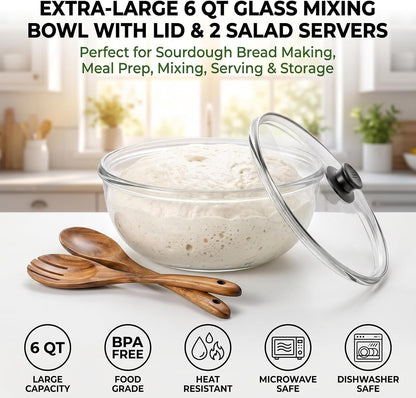 6 QT Large Glass Mixing Bowls with Lids,Glass Mixing Bowls for Sourdough Bread Making & Dough Proofing,Glass Serving Bowl for Salad & Kitchen Storage,Includes 2 Salad Servers,Microwave Safe2
