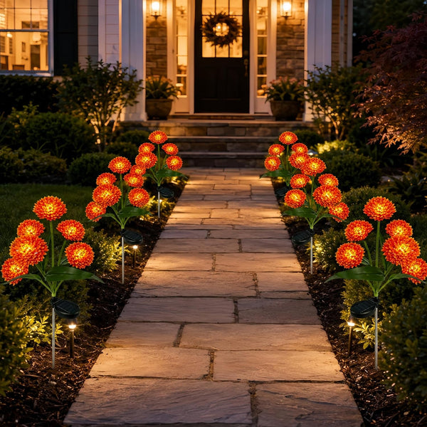 Solar Flower Lights Outdoor, 2 Pack 12 LED Solar Garden Lights, Orange Red Spherical Floral Decorative Lights for Fall, Halloween, Thanksgiving, Patio, Yard, Pathway and Lawn Decorations7