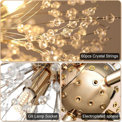 19.9" Gold Modern Crystal Chandeliers Firework, Bubble Chandelier Lighting for Bathroom Dining Room Bedroom Kitchen Island Living Room Light Fixture, 9-Light Gold Hanging round Chandalier4
