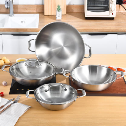 10-Inch Stainless Steel Wok with Lid | 2.5-Quart | Dual Handles | Small | Uncoated Tri-Ply Stir Fry Pan | Everyday Cooking Wok for Induction | Flat Bottom | PFOA-FREE | 1-2 Servings ﻿5