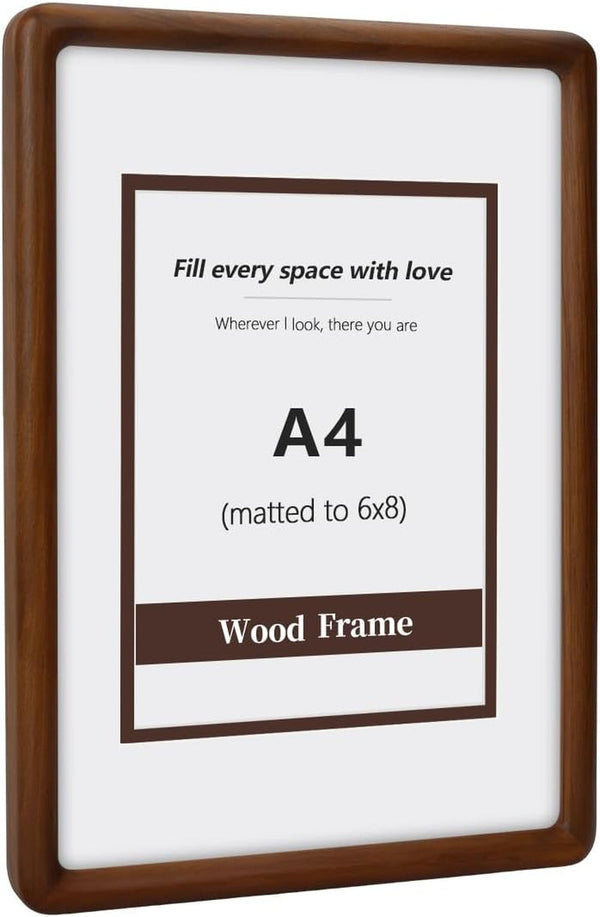 A4 Wood Picture Frame, Solid Natural Walnut Rounded Corner Photo Frame with Tempered Glass, A4 Wooden Frame Matted to 6X8, Wall or Tabletop Display Version Shipped Randomly1