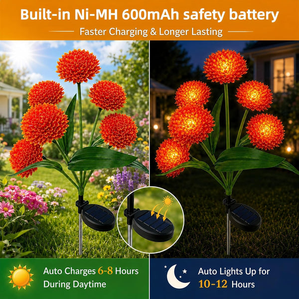 Solar Flower Lights Outdoor, 2 Pack 12 LED Solar Garden Lights, Orange Red Spherical Floral Decorative Lights for Fall, Halloween, Thanksgiving, Patio, Yard, Pathway and Lawn Decorations4