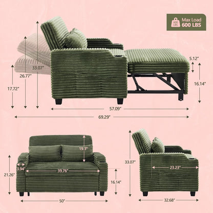 Green Futon Sofa Bed Convertible Loveseat Sleeper Sofa Couch, Corduroy Pullout Sofa Fold Out Couch Bed with USB Ports, Cup Holders, Armrest for Living Room, Bedroom Apartment Room2