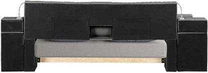 Smart Multifunctional Queen Size Bed, Wood Frame, Gray Upholstery, Massage Chaise, USB Charging, Storage Drawers, LED Lights, Bluetooth Speakers, Modern Design for Bedroom Comfort And10