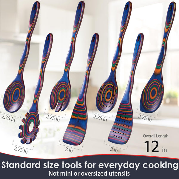 7-Piece Pakkawood Cooking Utensils Set, Colorful Wooden Spoons3