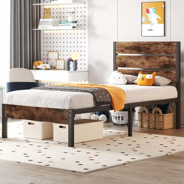 Twin Bed Frame with Headboard and Footboard, Metal Twin Bed Frame with under Bed Storage, All-Metal Support System, No Box Spring Needed, Easy Assembly,Rustic Brown3