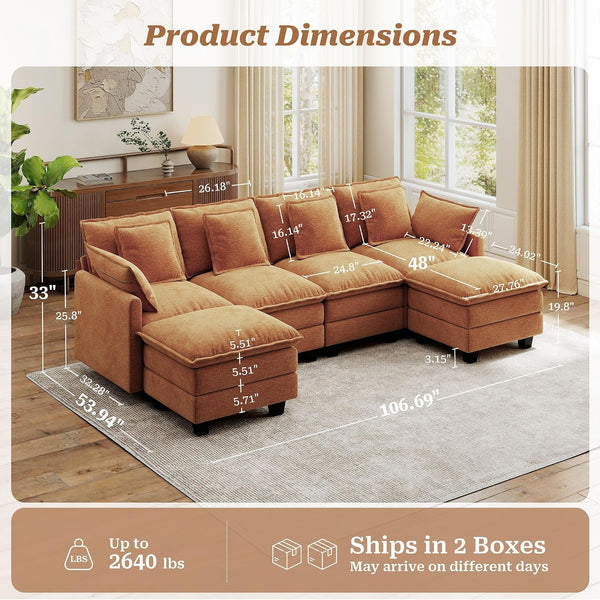 107" Modular Sectional Cloud Sofa, U Shaped 6 Seat Chenille Couch with Movable Ottomans and 48" Deep Seat, Convertible Couches for Living Room, Orange2