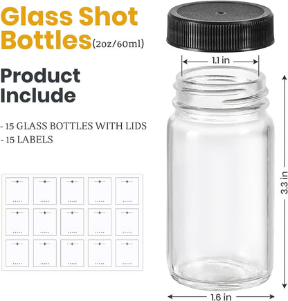 15 Pack 2 Oz Glass Shot Mini Bottles W/Black Lids & 15 Labels - Small Clear Jar for Ginger, Wellness Shot, Juice, Sample, Whiskey - Travel Essentials - Wide Mouth, Leakproof, Dishwasher Safe2