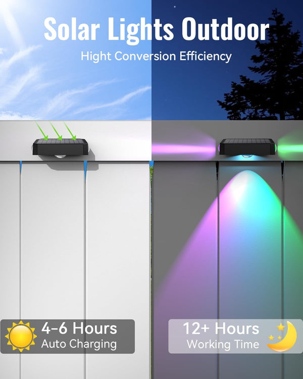 Solar Fence Lights Outdoor, 8 Pack 12 Mode RGB Color Changing & Warm/Cool White, Waterproof IP65 3-LED Dusk to Dawn Fence Lights Solar Powered for Wall, Railing, Patio, Step, Backyard, Outside7