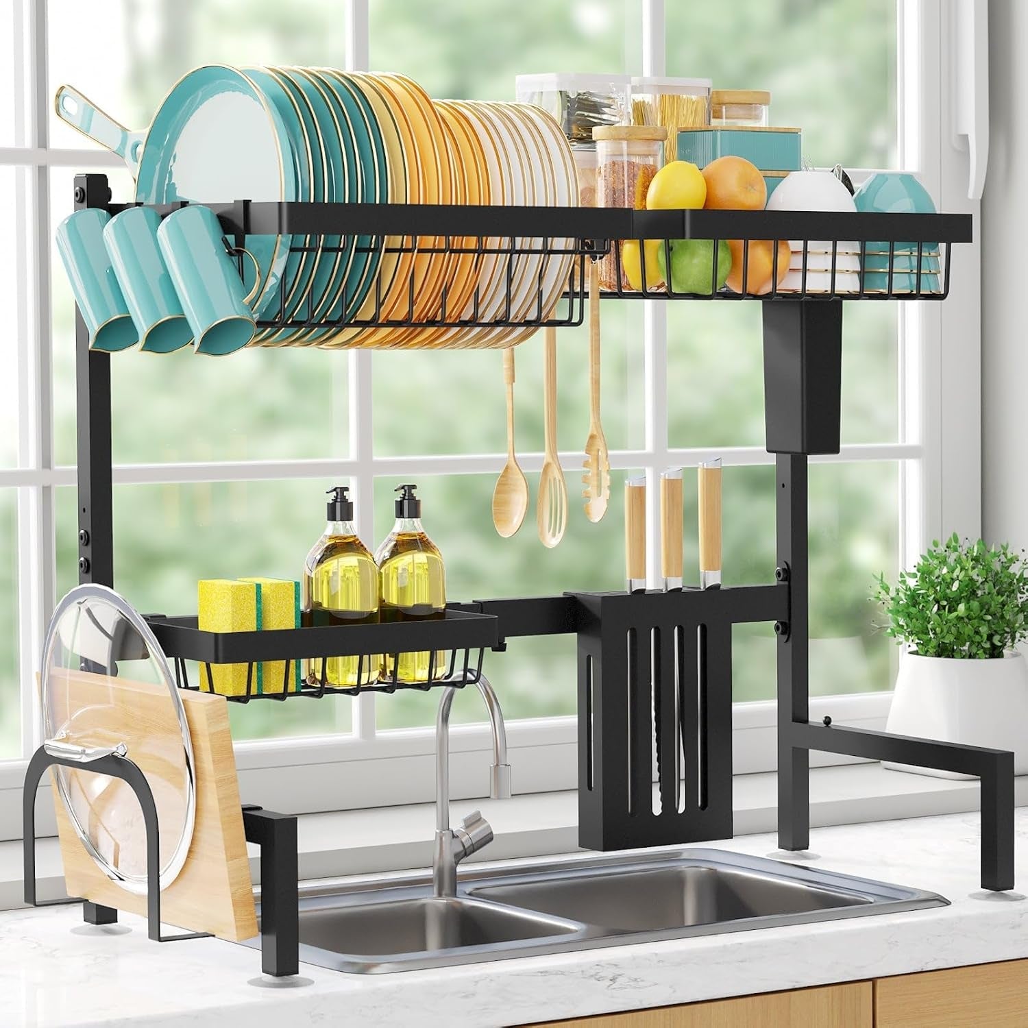 over-the-sink-dish-drying-rack-adjustable-2-tier-large-capacity-stainless-steel-drainer-with-cutlery-utensil-holders-kitchen-storage-organization-30-33-9-l-x-11-w-x-21-5-h-black