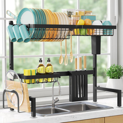 over the Sink Dish Drying Rack - Adjustable 2 Tier Large Capacity Stainless Steel Drainer with Cutlery & Utensil Holders, Kitchen Storage & Organization, 30"-33.9" L X 11" W X 21.5" H, Black1