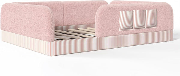 Queen Upholstered Floor Bed with Slats and Guardrail,Side Storage Pocket,Teddy, Pink6