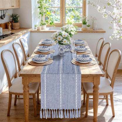 Dusty Blue Table Runner 15 X 72 Inches, Spring Summer Cotton Linen Farmhouse Dresser Runner Cover Top, Rustic Blue and White Coastal Table Decor for Dining Room, Kitchen, Wedding, Party, Home Decor1