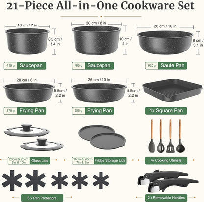21Pcs Nonstick Pots and Pans Set with Removable Handles, Oven Safe | Non-Toxic Granite Cookware Set for Rvs, Camping, Induction Compatible, Stackable Pfoa/Pfos-Free2