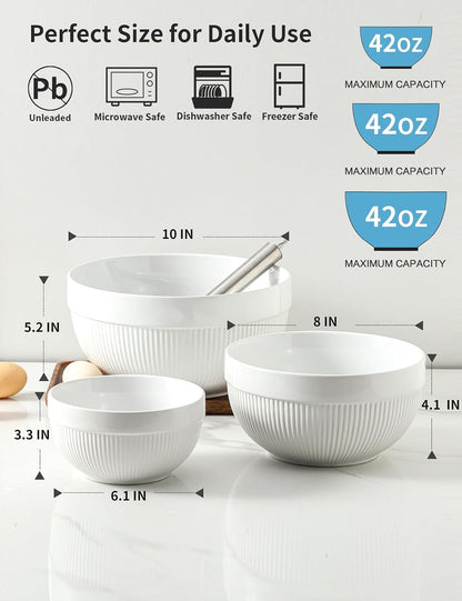 Large Ceramic Mixing Bowls, White Kitchen Bowls (1QT/2.3QT/4.6QT), Set of 3 Nesting Bowls for Baking, Cooking, Serving, Prepping, Dough Bread Making Bowl, Microwave and Dishwasher Safe2