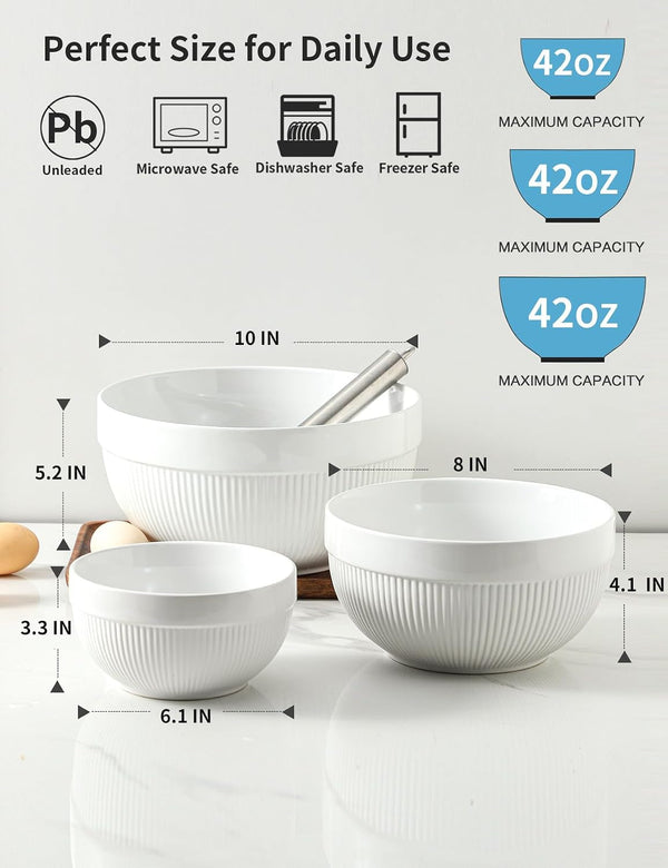 Large Ceramic Mixing Bowls, White Kitchen Bowls (1QT/2.3QT/4.6QT), Set of 3 Nesting Bowls for Baking, Cooking, Serving, Prepping, Dough Bread Making Bowl, Microwave and Dishwasher Safe2