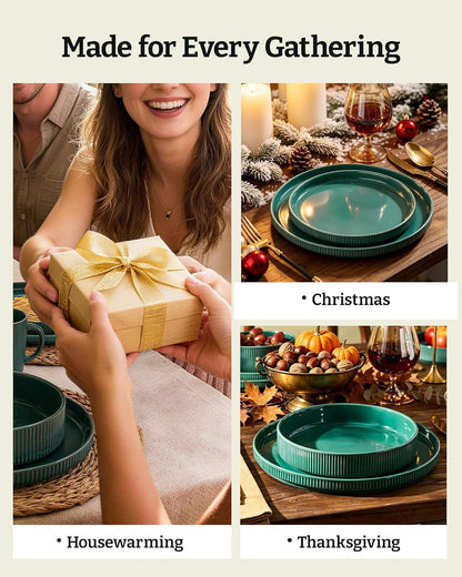Stoneware Dishes Dinnerware Sets for 6, Ribbed Plates and Bowls7