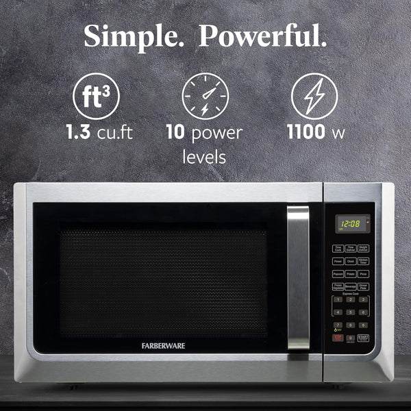 1.3 Cu. Ft. Countertop Microwave Oven – 1100 Watts Power, Auto Cook Settings, Defrost, Easy Clean and Child Safety Lock - Stainless2