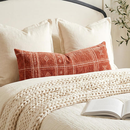 Decorative Lumbar Pillow Cover 14X36, Long Decorative Throw Pillow for Bed, Terracotta Rust Red Boho Textured Chenille Accent Pillowcase for Bedroom Home Décor (Cover Only)1