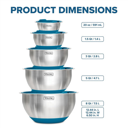 Viking Mixing Bowls Set, 10 Piece Stainless Steel Kitchen Cookware, Non-Slip Silicone Base, Includes Tight Fit Lids, Dishwasher Safe, Teal5