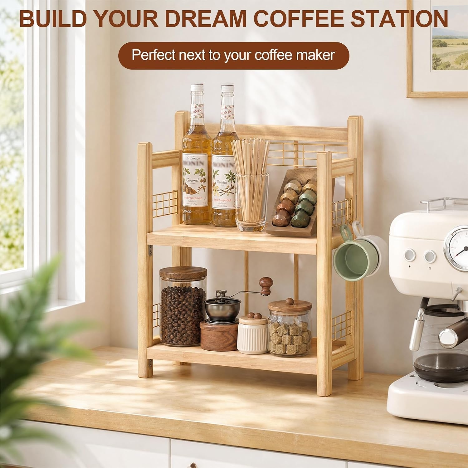 no-assembly-coffee-bar-organizer-2-tier-coffee-station-shelf-foldable-oak-wood-shelf-coffee-station-accessories-storage-for-syrup-pod-3-hooks-for-mugs-kitchen-condiment-rack-natural