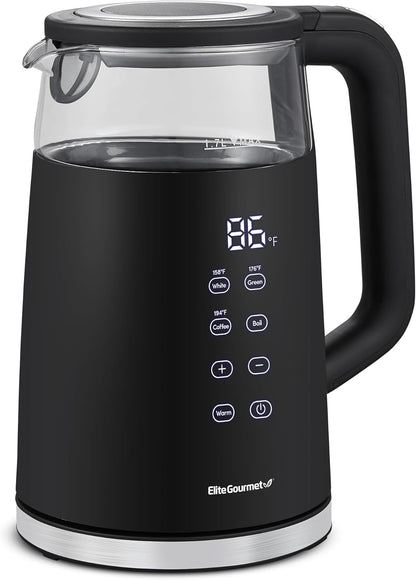 1.7L Dual-Wall Cool-Touch Tea Kettle, Touchscreen, Black | Borosilicate Glass, 304 Stainless Steel Interior, Programmed Digital Keep Warm, Auto off & Audible Indicator1