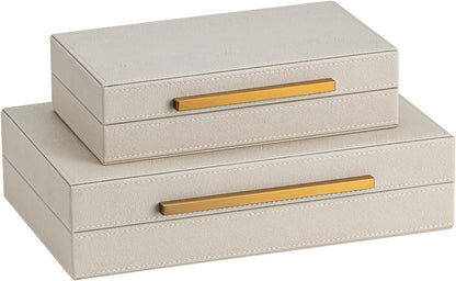 Set of 2 Beige Shagreen Decorative Storage Boxes with Gold Metal Handles – Faux Leather Jewelry & Memory Boxes, Nesting Photo Organizers for Home Decor7