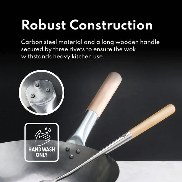 Carbon Steel Wok Set - 14" round Bottom, Hand Hammered with Wood and Steel Helper Handle, Includes Rack/Ring and Spatula (Hand Wash Recommended)6