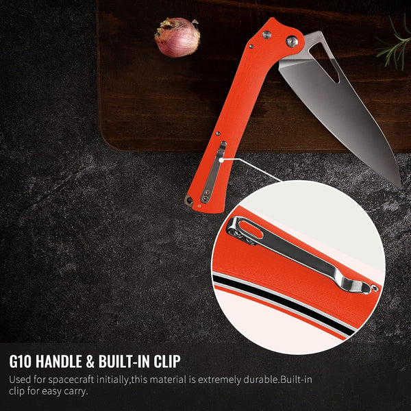 Folding Kitchen Chef Knife, 5.49" Foldable Camping Knife with 10Cr15Mov Stainless Steel Blade, Anti-Skidding and Ergonomic Designed G10 Handle for Both Indoor and Outdoor Cooking6