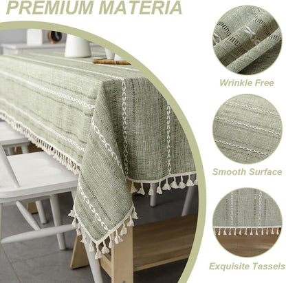 Sage Green Rustic Table Cloth, Rectangle Textured Cotton Linen Fabric Tablecloth with Tassel, Christmas Farmhouse Table Cover Embroidery Stripe Tablecloths for Kitchen Dinning Party, 55" X 55"4