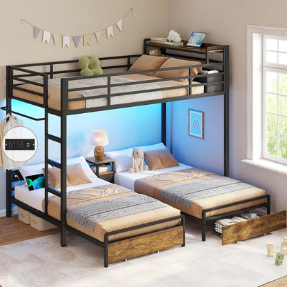 Triple Bunk Bed for Kids with Storage Drawers and Charging Station Twin over Twin Metal Bunk Bed with Storage Shelves and Box,3 Beds with Guardrails and Ladder, No Box Spring Needed, Black1
