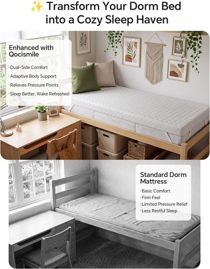 College Dorm Room Essential Twin XL Memory Foam Mattress Topper Pad | 3 Inch Memory Foam Mattress Pad, Firm Support for Hard Dorm Beds, Pressure Relief, Dualside, Spinal Align, Nonslip, Removable2