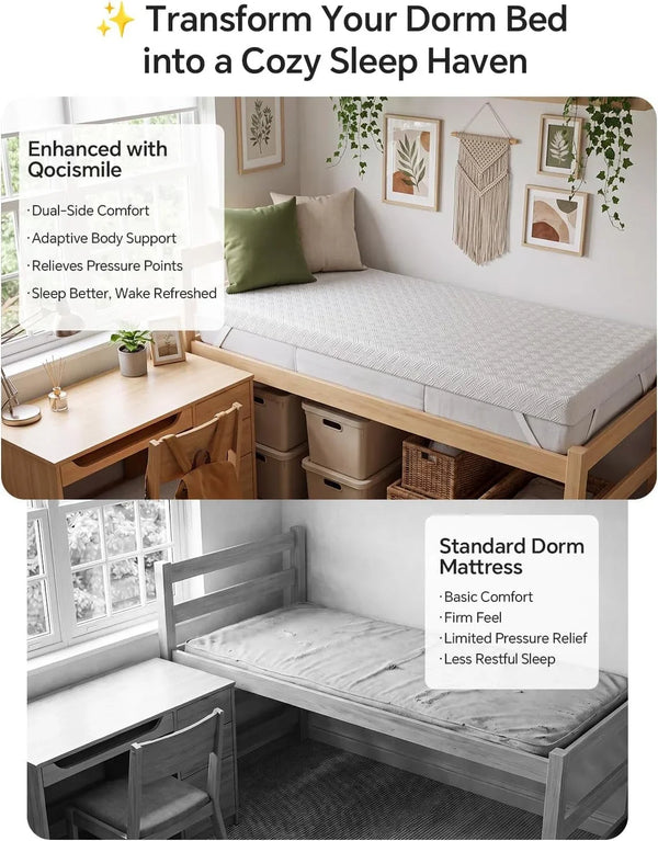 College Dorm Room Essential Twin XL Memory Foam Mattress Topper Pad | 3 Inch Memory Foam Mattress Pad, Firm Support for Hard Dorm Beds, Pressure Relief, Dualside, Spinal Align, Nonslip, Removable2