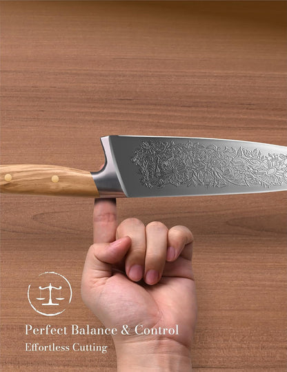 Chef Kitchen Knife 8", Embossed Botanical Blade, Olive Wood Handle7
