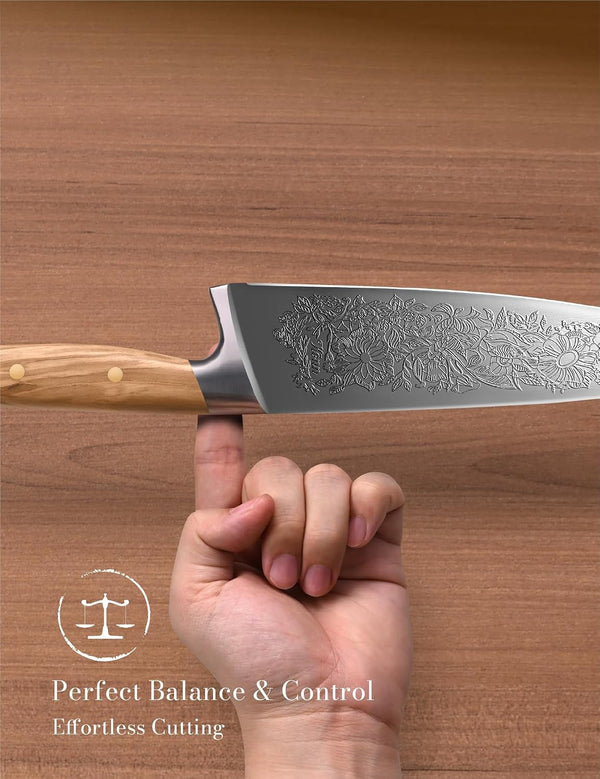 Chef Kitchen Knife 8", Embossed Botanical Blade, Olive Wood Handle7