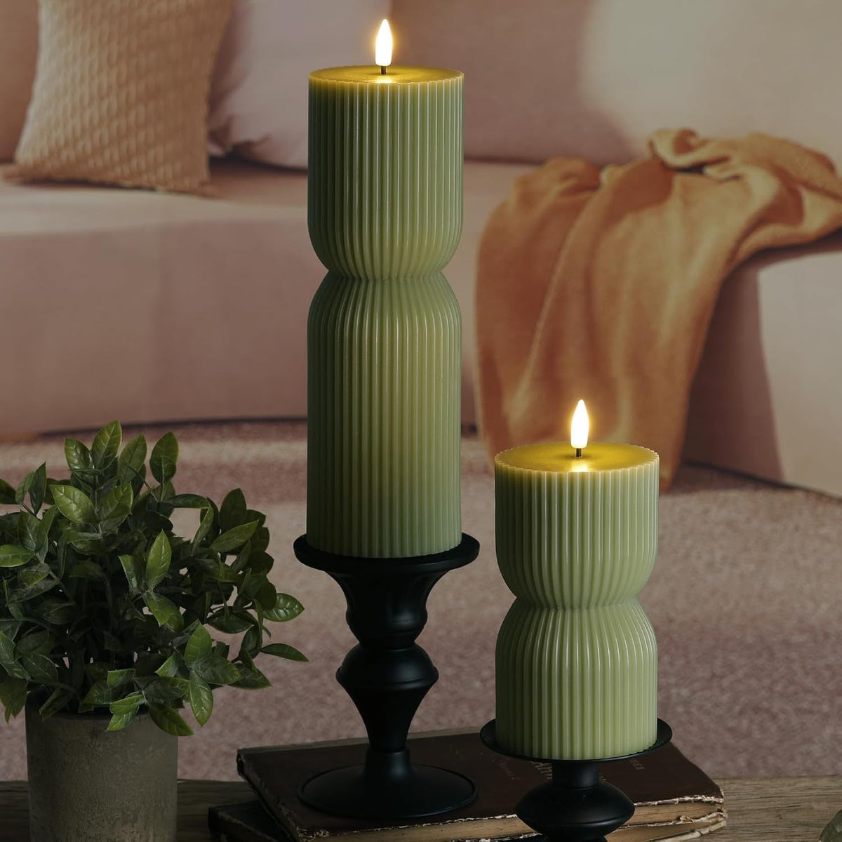 olive-green-ribbed-flameless-pillar-candles-with-remote-set-of-2