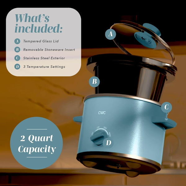 2QT Mini Electric round Slow Cooker - Adjustable Settings, Removable Stoneware Pot, Tempered Glass Lid, Dishwasher Safe, Cool-Touch Side Handles, Slate Blue2