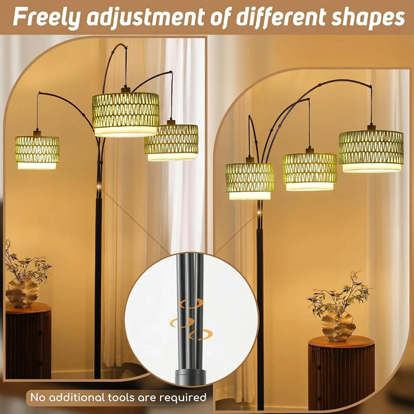 3-Light Arc Rattan Floor Lamp for Living Room,80'' Boho Tree Lamp | Heavy Natural Marble Base, 1/2/3-Light Rotary Switch,Double-Layer Green Wicker/Fabric Shades for Coastal Style,8 Ft+ Ceilings7