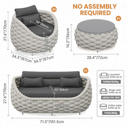 Rope Patio Furniture Set: 4 Pieces Aluminum Outdoor Couch Set Cushioned - Assembled Conversation Sofa Set Modern - Metal Porch Seating for 5 Person - All Weather for Deck Garden Poolside Hotel7