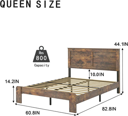 Wood Queen Bed Frame with Headboard, Vintage Brown2