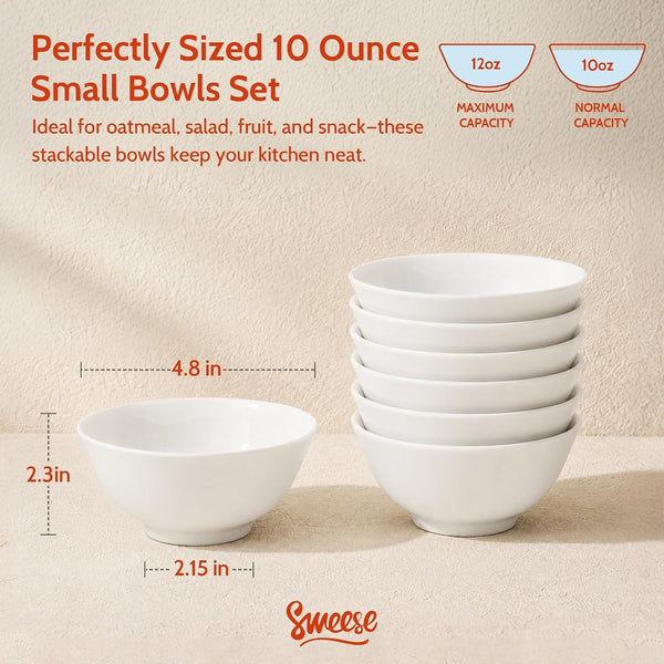 10 Oz Small Ceramic Bowls Set of 6, 4.5 Inch White Bowls for Yogurt, Oatmeal, Fruit, Dessert, Snacks and Small Cereal Bowls, Stackable Porcelain Bowls for Breakfast3