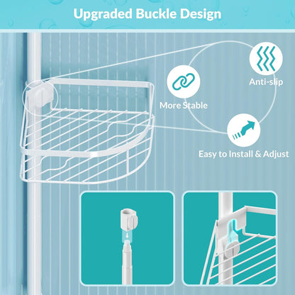 Shower Caddy Tension Pole, 4-Tier Adjustable Corner Shower Standing Caddy, Rustproof Shower Rack for Bathroom Bathtub, with 4 Shelves, No Drilling Shower Shelf for inside Shower (White)2