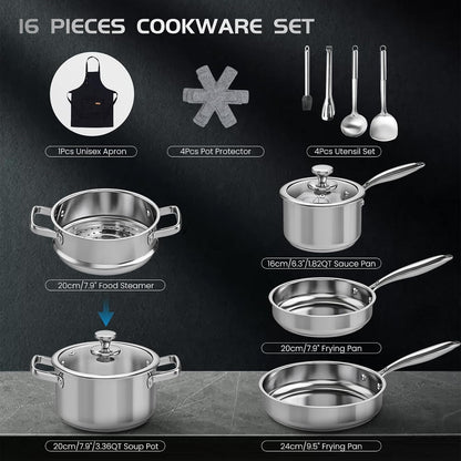 Pots and Pans Set Non Toxic, 16Pcs Stainless Steel Cookware Set with Steamer, Kitchen Induction Cookware with Utensil Sets, Pot Protectors and Apron for Oven & Dishwasher Safe2