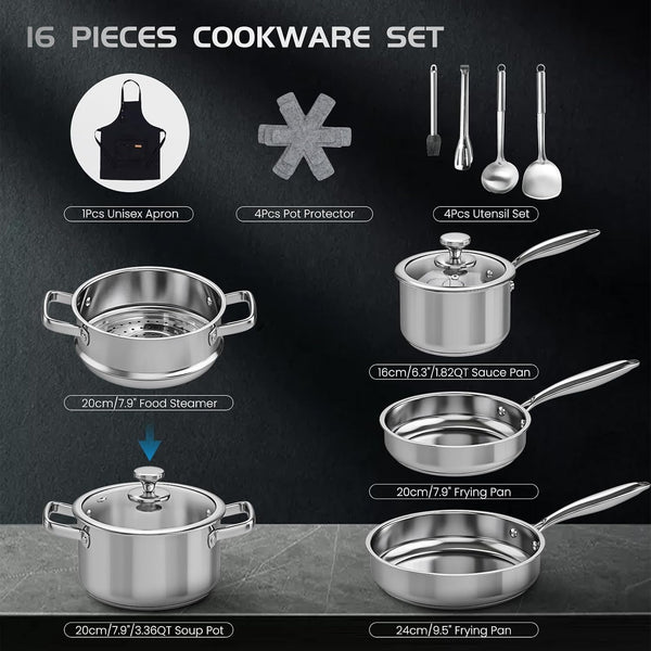 Pots and Pans Set Non Toxic, 16Pcs Stainless Steel Cookware Set with Steamer, Kitchen Induction Cookware with Utensil Sets, Pot Protectors and Apron for Oven & Dishwasher Safe2