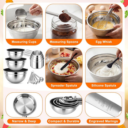 18 Pack Stainless Steel Mixing Bowls with Lids Set Includes Stainless Steel Measuring Cups and Spoons Wire Balloon Whisk Silicone Spatulas Suitable for Kitchen Cooking Baking(Black)4