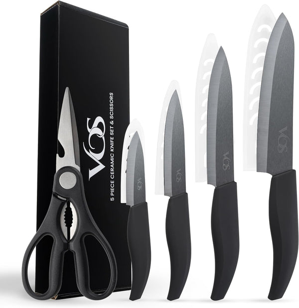 Ceramic Knives Set for Kitchen in Gift Box, 5 Ceramic Knife with Cover with Scissors, 3" 4" 5" 6" Ultra Sharp Knives for Home Cooks, Lightweight, Rust-Free, Dishwasher Safe (Black Handle)8