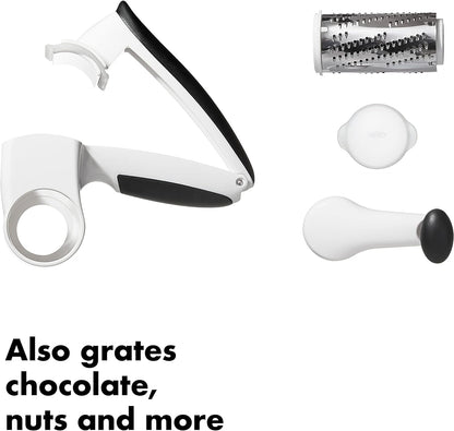 OXO Good Grips Rotary Cheese Grater with Hand Crank, White | Use for Hard Cheeses, Chocolates, Nuts, Stainless Steel Blades, Silicone Seal to Keep Cheese Fresh, Easy to Grate & Store5