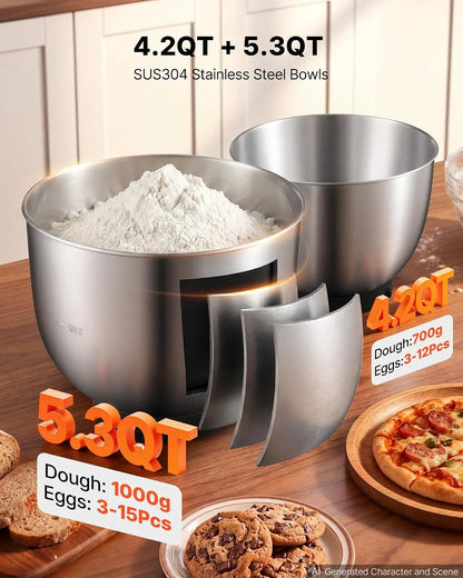 5.3+4.2 Qt Tilt Head Stand Mixer 400W Electric Dough Mixer, 3 Speeds Food Kitchen Mixer with Stainless Steel Bowl, Splash Guard, Dough Hook, Whisk, Beater, for Baking Mixing Whipping3