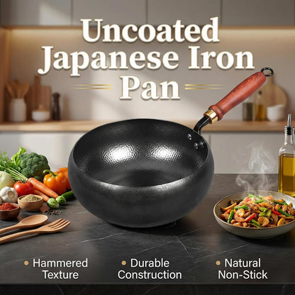 Japanese Cast Iron Wok Pan - Uncoated Healthy Cooking Pot with Lid, Hand Hammered Non Stick Frying Pans Made in Japan (Smooth Surface + Glass Lid,11'')2