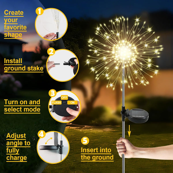 Solar Garden Lights Outdoor, 2 Pack 120 LED Twinkling Firework Lights Decorative with 2 Modes, Outdoor Waterproof Solar Starburst Light for Yard Pathway Planter Patio Decor, Warm White6